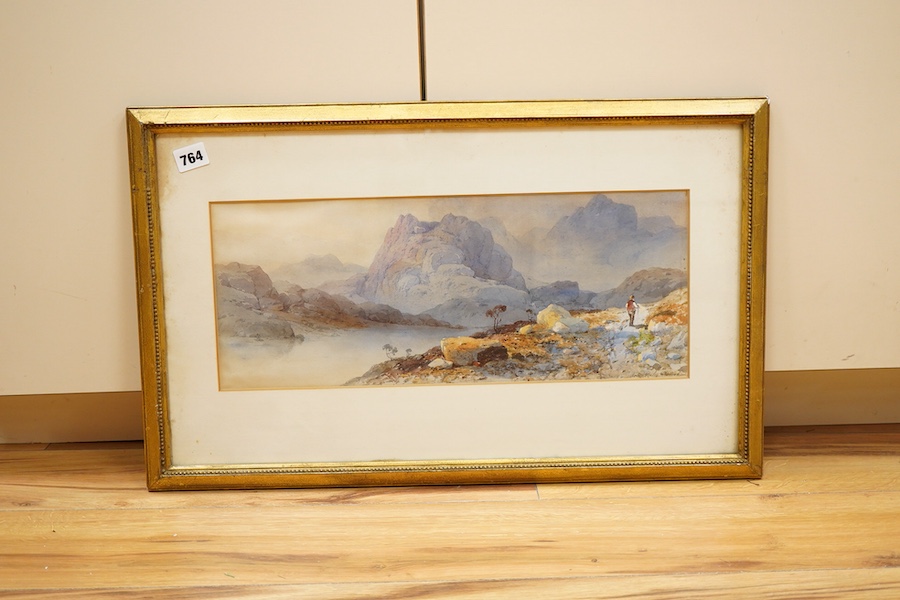 Aaron Edwin Penley R.A. (1807-1870), Mountainous riverscape with figure, signed, watercolour, 18 x 46cm